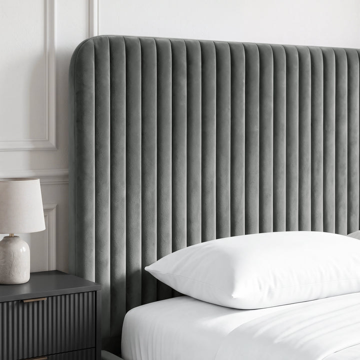 [Grey | King] Close-up of padded vertical channel headboard in plush velvet fabric