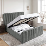 [Grey | King] Vertical line ottoman storage bed open with gas-lift frame, slats and under-bed storage