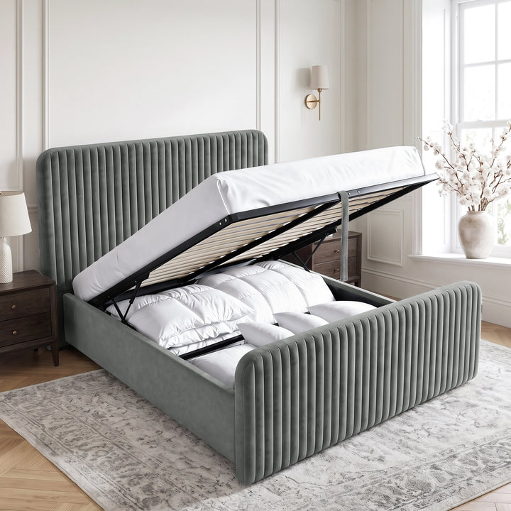 [Grey | King] Vertical line ottoman storage bed open with gas-lift frame, slats and under-bed storage