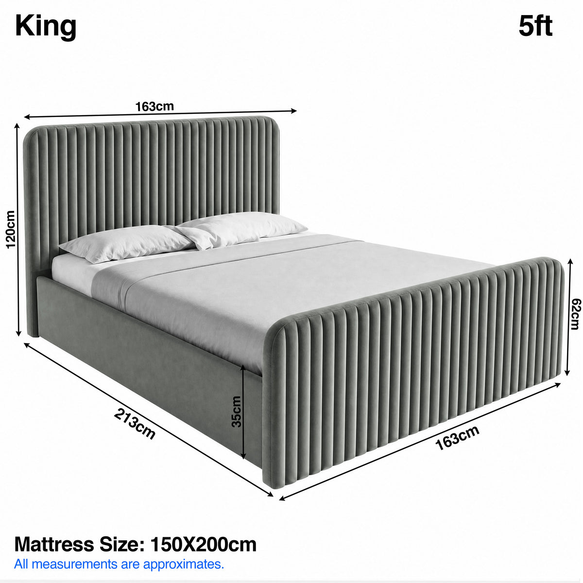 [Grey | King] Bed dimensions: frame 163W x 213L x 120H cm; footboard H62cm, & mattress base H35cm; mattress 150 x 200 cm