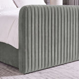 [Light Grey | King] Close-up of 62cm tall padded footboard corner showing plush fabric and bed base detail