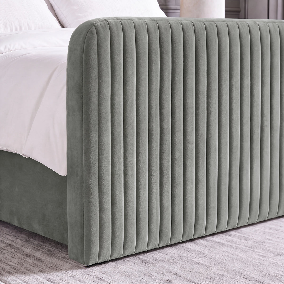 [Light Grey | King] Close-up of 62cm tall padded footboard corner showing plush fabric and bed base detail