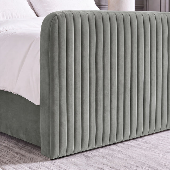 [Light Grey | King] Close-up of 62cm tall padded footboard corner showing plush fabric and bed base detail