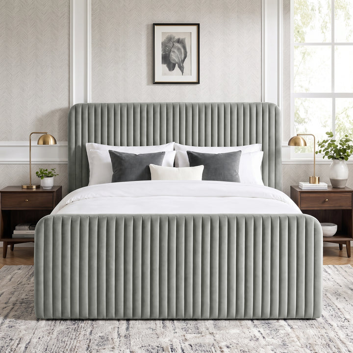 [Light Grey | King] Vertical line ottoman storage bed front view with vertical channel headboard and footboard