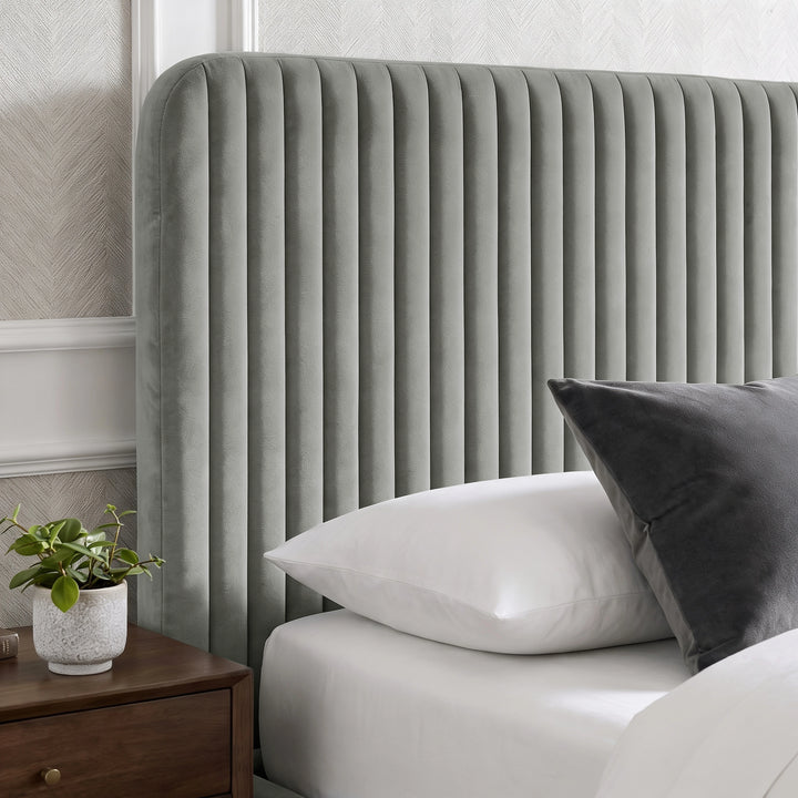 [Light Grey | King] Close-up of padded vertical channel headboard in plush velvet fabric