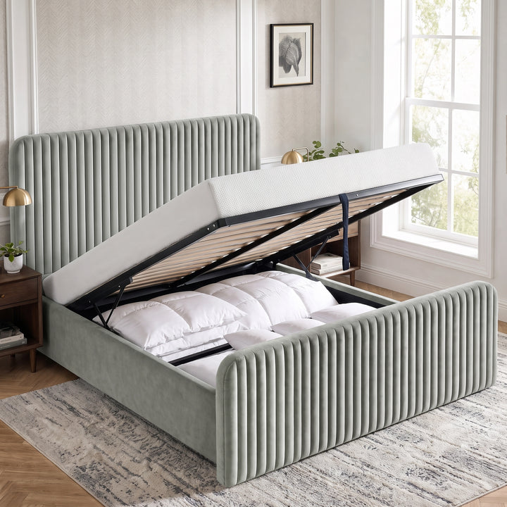 [Light Grey | King] Vertical line ottoman storage bed open with gas-lift frame, slats and under-bed storage