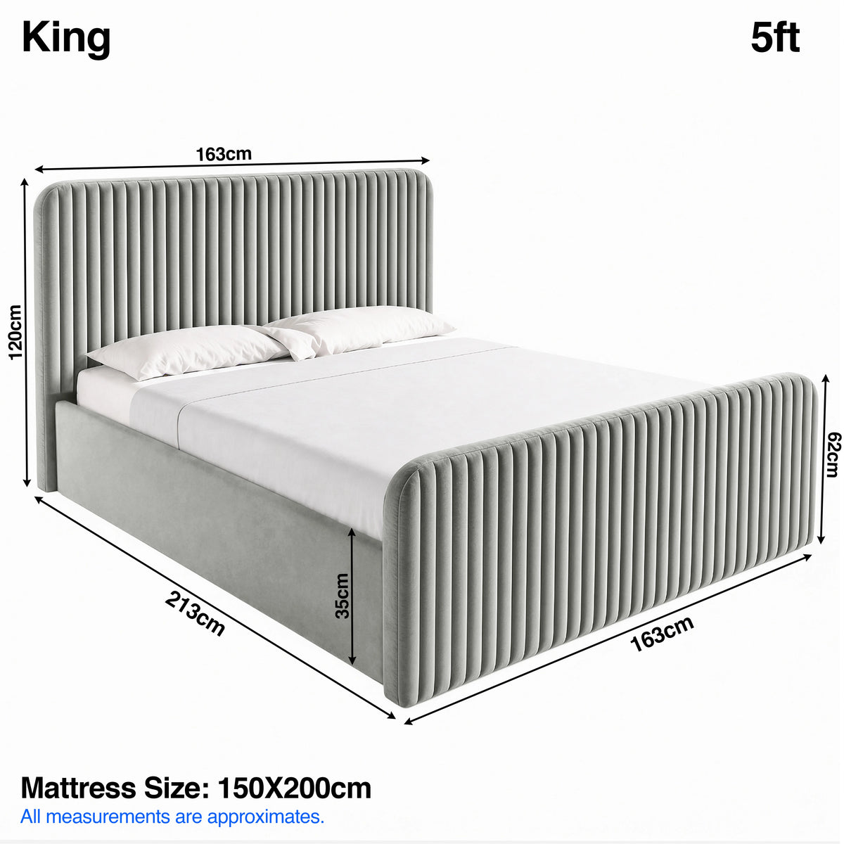 [Light Grey | King] Bed dimensions: frame 163W x 213L x 120H cm; footboard H62cm, & mattress base H35cm mattress 150 x 200 cm