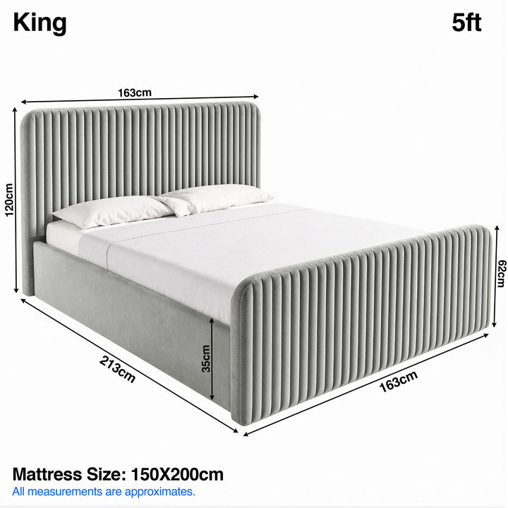 [Light Grey | King] Bed dimensions: frame 163W x 213L x 120H cm; footboard H62cm, & mattress base H35cm mattress 150 x 200 cm