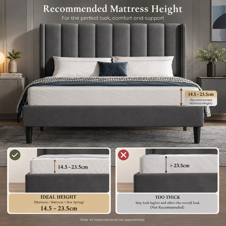 [King | Grey] Recommended 14.5 to 23.5 cm mattress height guide diagram for grey velvet vertical channel tufted king bed frame