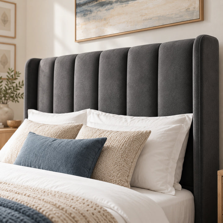 [King | Grey] Angled close-up of the grey velvet vertical channel tufted wingback headboard styled with blue and cream accent pillows