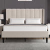 [Double | Beige] Front view of velvet bed with vertical channel-tufted winged headboard and tapered dark legs