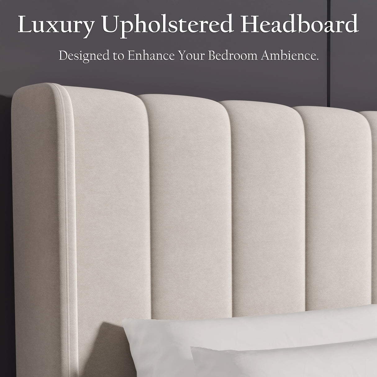 [Double | Beige] Headboard detail with evenly spaced vertical channels in plush velvet upholstery