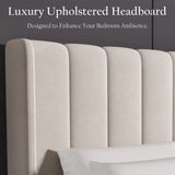 [Double | Beige] Headboard detail with evenly spaced vertical channels in plush velvet upholstery