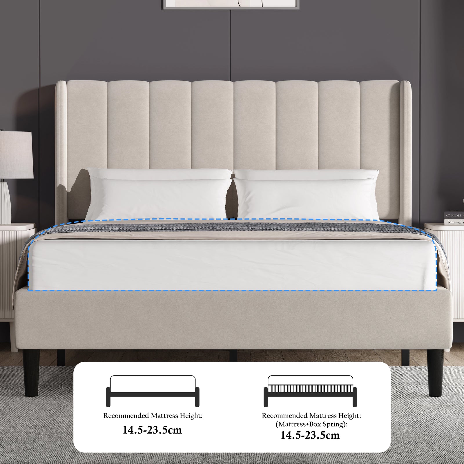 [Double | Beige] Overhead angled view of velvet bed showing vertical channel headboard and white bedding from above