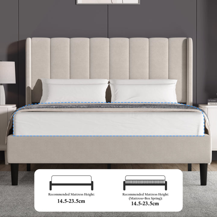 [Double | Beige] Overhead angled view of velvet bed showing vertical channel headboard and white bedding from above