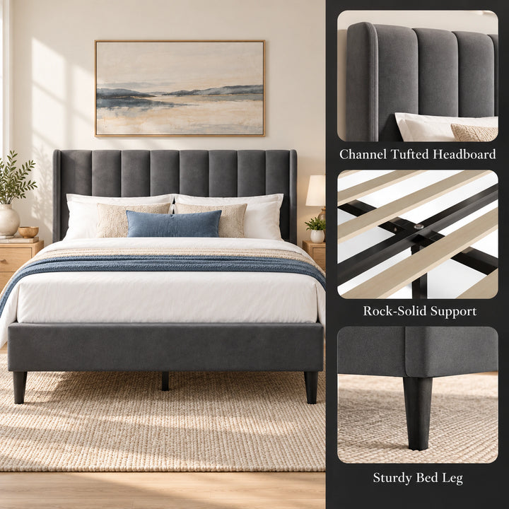A dark gray upholstered bed frame shown in a styled bedroom scene, with a vertical inset panel on the right highlighting the channel tufted headboard, rock-solid support slats, and a sturdy bed leg.
