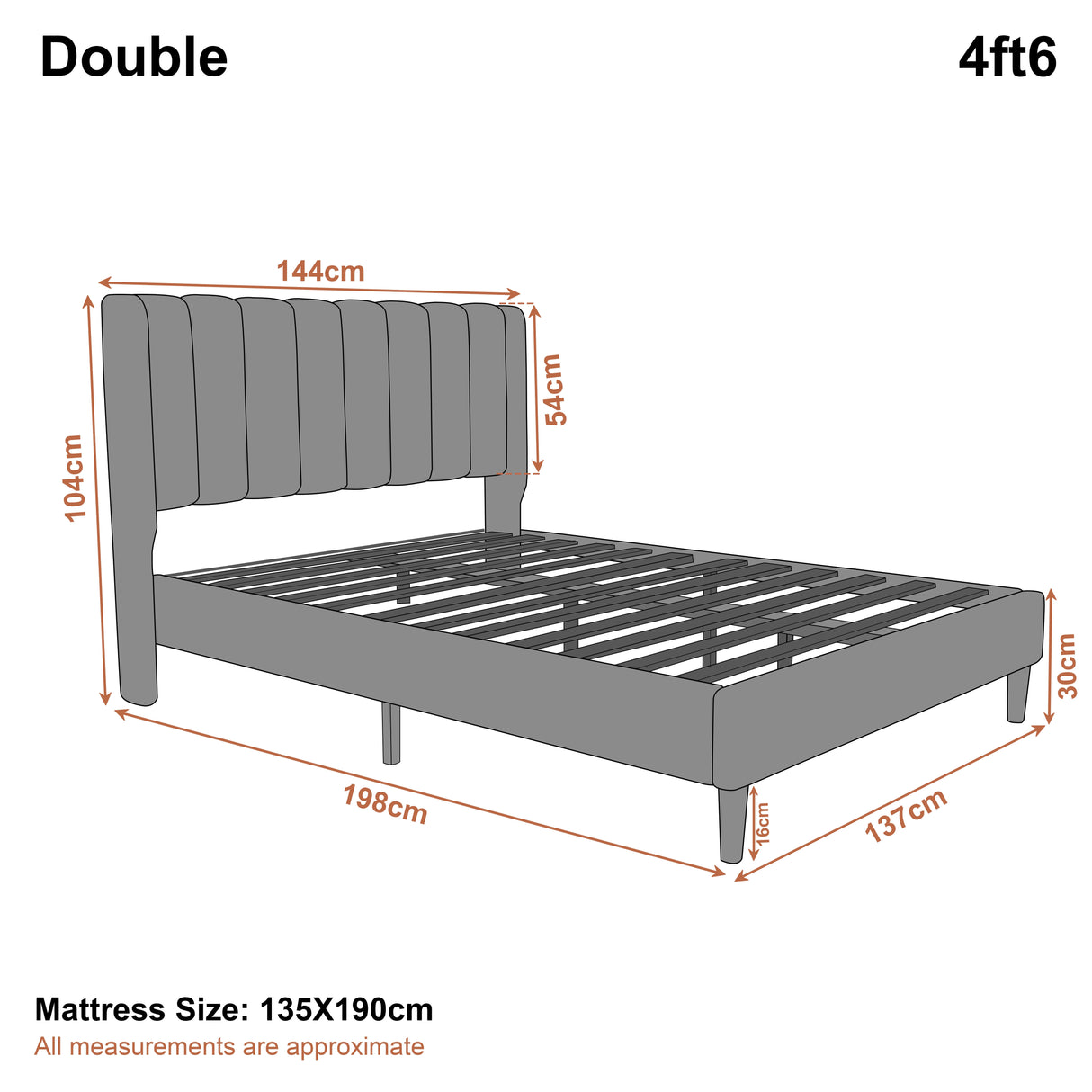 [Double | Grey] Dimensions diagram showing 144cm width and 198cm length with 104cm headboard height