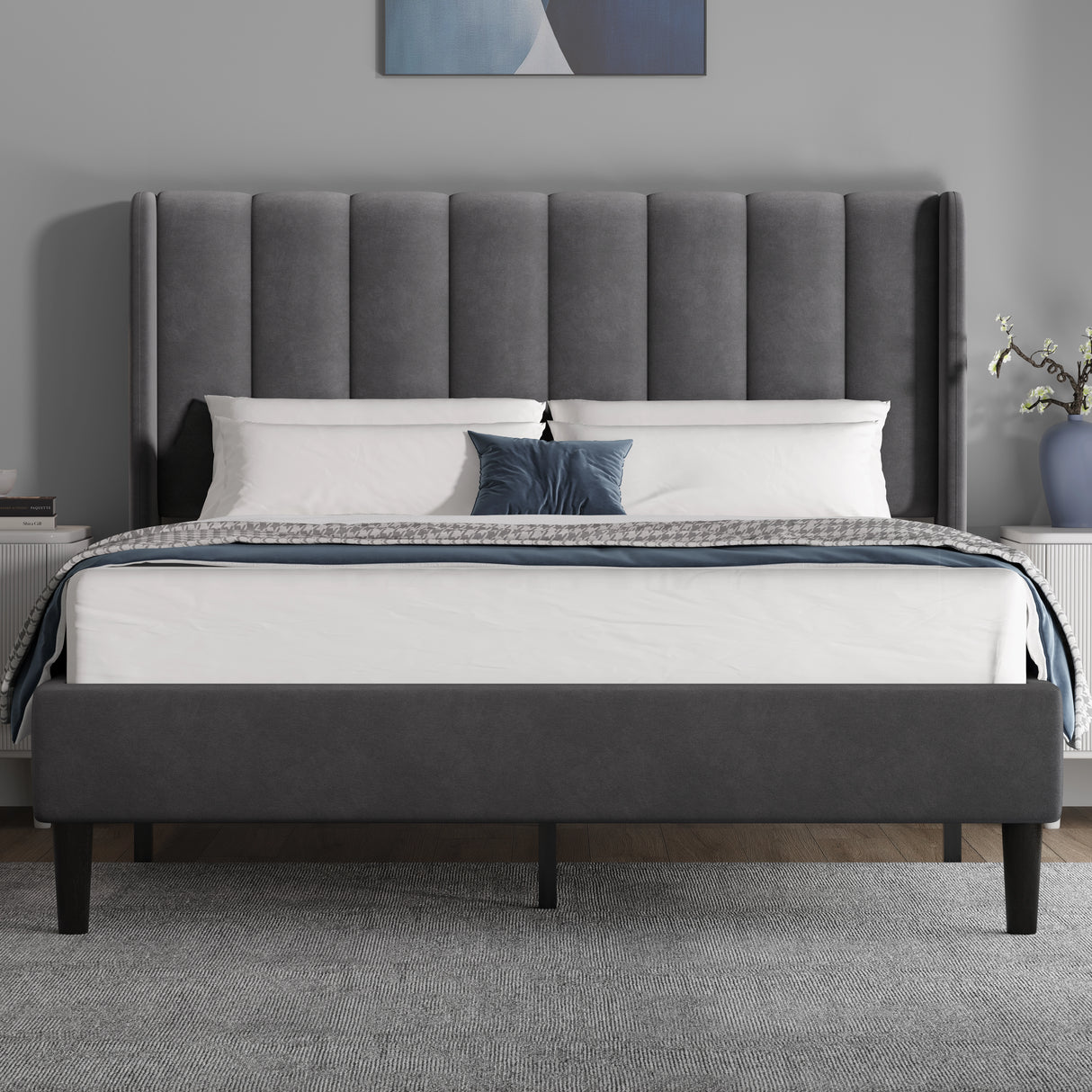 [Double | Grey] Front view of velvet bed with vertical channel-tufted winged headboard and tapered dark legs