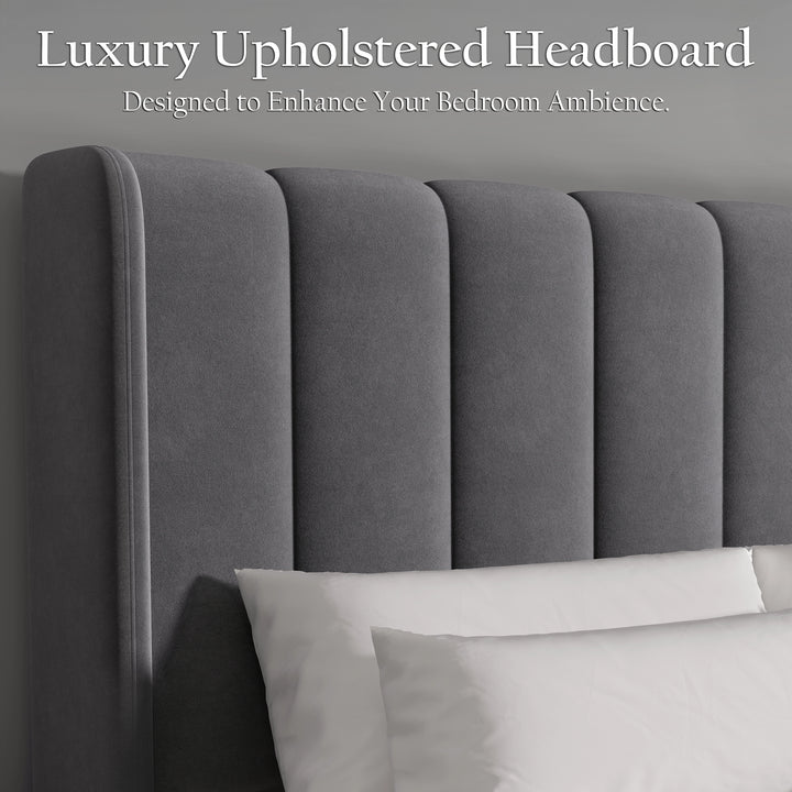 [Double | Grey] Close-up of grey velvet headboard with five vertical channel-tufted panels and winged edges