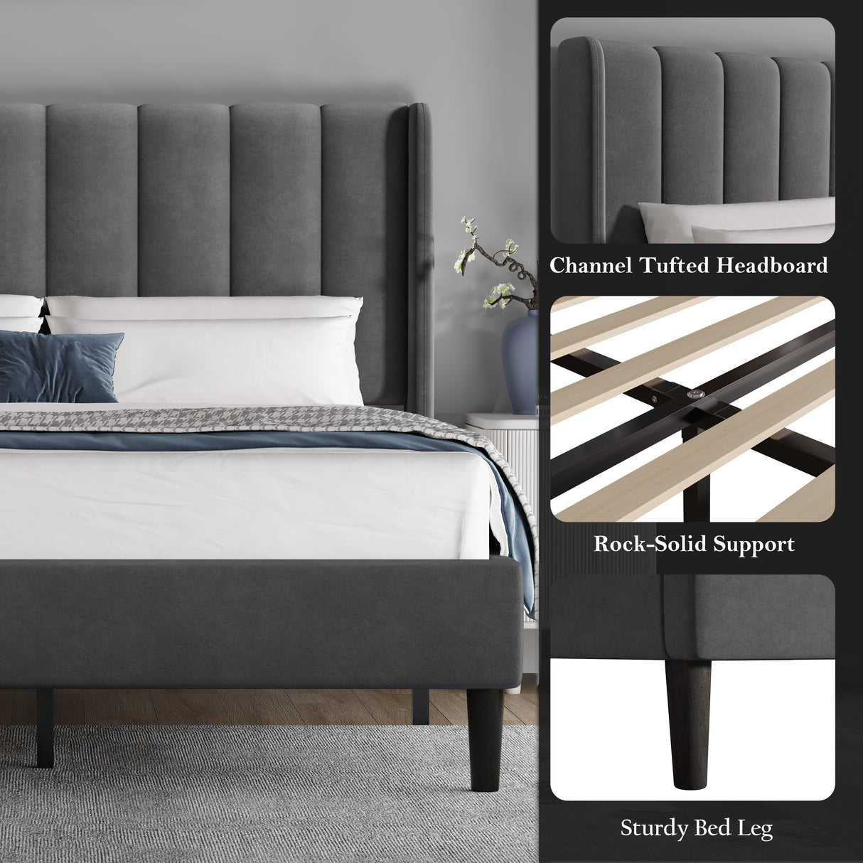 [Double | Grey] Bed frame base detail with wooden slats and channel-tufted headboard visible behind