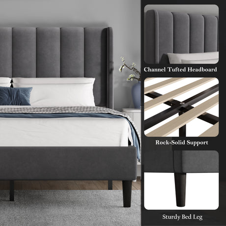 [Double | Grey] Bed frame base detail with wooden slats and channel-tufted headboard visible behind