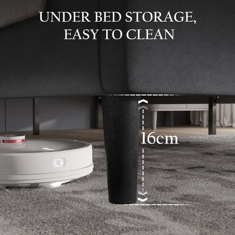 [Double | Grey] Under-bed clearance view showing sixteen centimetre gap beneath frame for easy cleaning access