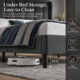 A round white robotic vacuum cleaner sits under a bed in a bedroom setting, with marketing text and icons highlighting features such as robot vacuum friendliness, extra storage space, and easier floor cleaning. The bed, gray rug, and dark wall are visible.