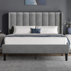 [Double | Light Grey] Front view of velvet bed with vertical channel-tufted winged headboard and tapered dark legs