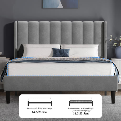 [Double | Light Grey] Overhead angled view of velvet bed showing vertical channel headboard and white bedding from above