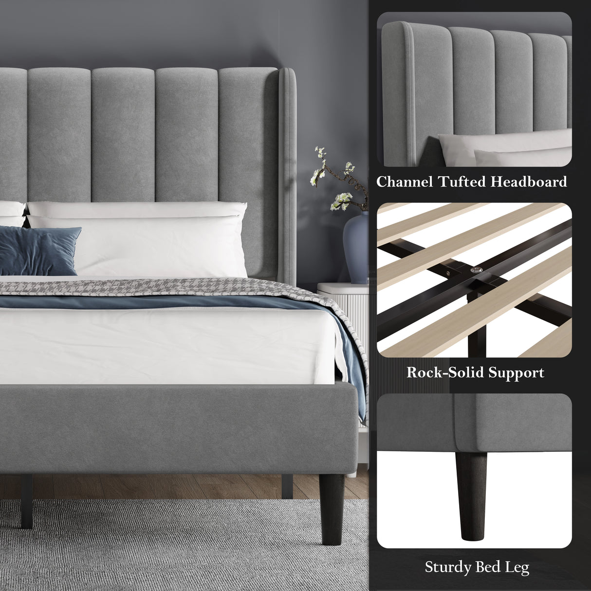 [Double | Light Grey] Bed frame base detail with wooden slats and channel-tufted headboard visible behind