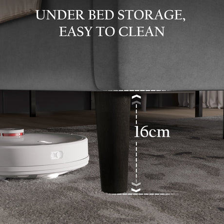 [Double | Light Grey] Under-bed gap with tapered legs showing sixteen centimetre clearance for storage or cleaning