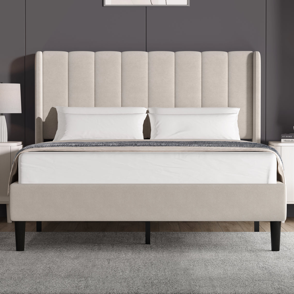 [King | Beige] Front view of velvet bed with vertical channel-tufted winged headboard and tapered dark legs