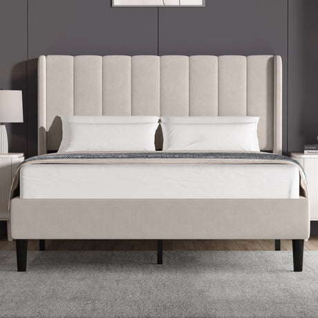 [King | Beige] Front view of velvet bed with vertical channel-tufted winged headboard and tapered dark legs