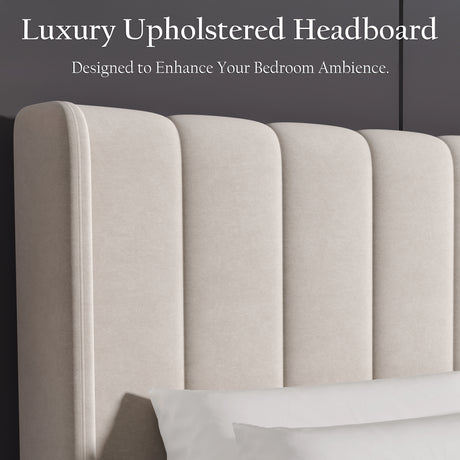 [King | Beige] Close-up of vertical channel-tufted headboard showing deep fluted velvet lines and winged edges