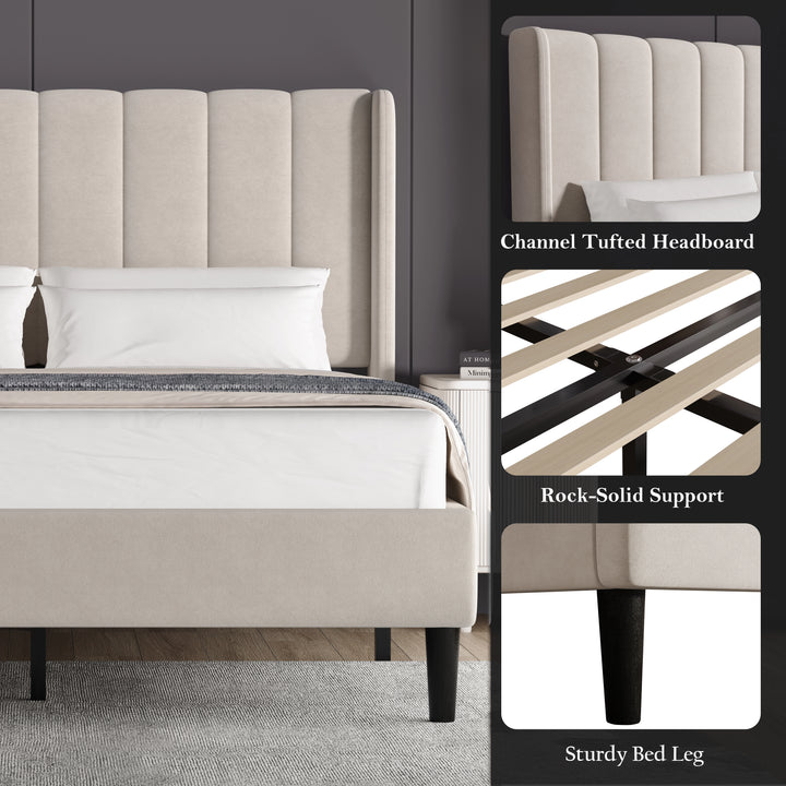 [King | Beige] Wooden slat mattress support inside velvet bed frame with black metal centre rail and legs