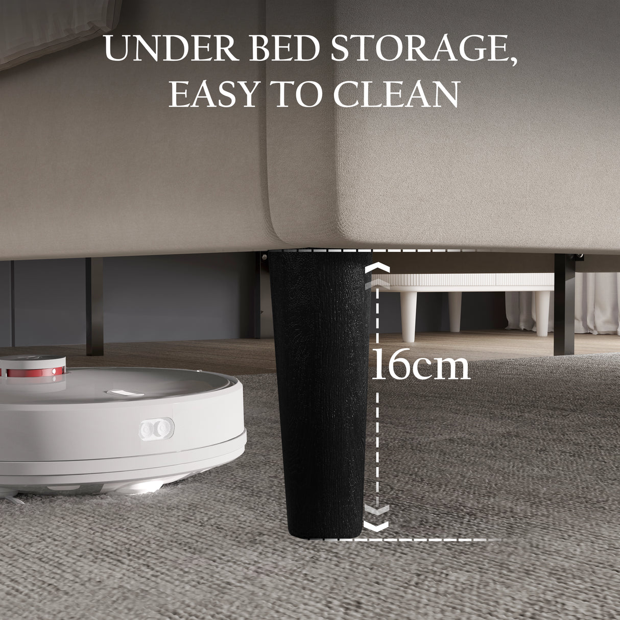 [King | Beige] Low-angle showing space underneath velvet bed frame with tapered dark legs for vacuum access