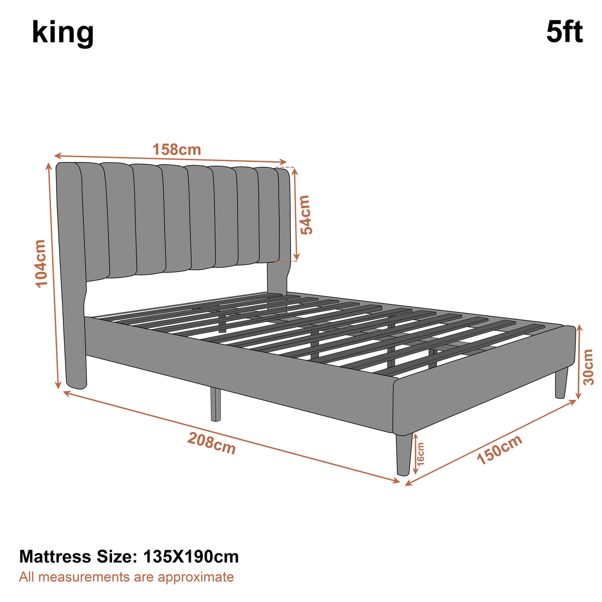 [King | Grey] Dimensions diagram showing 159cm width and 198cm length with 104cm headboard height