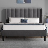 [King | Grey] Vertical line headboard bed with plush velvet panels and dark tapered legs on grey rug