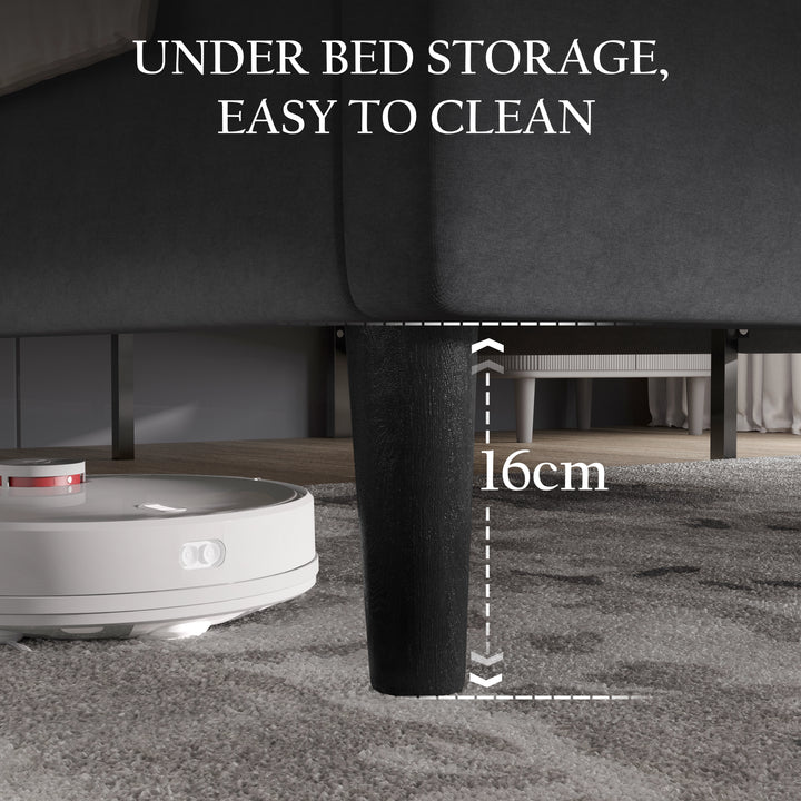 [King | Grey] Under-bed clearance view showing sixteen centimetre gap beneath frame for easy cleaning access