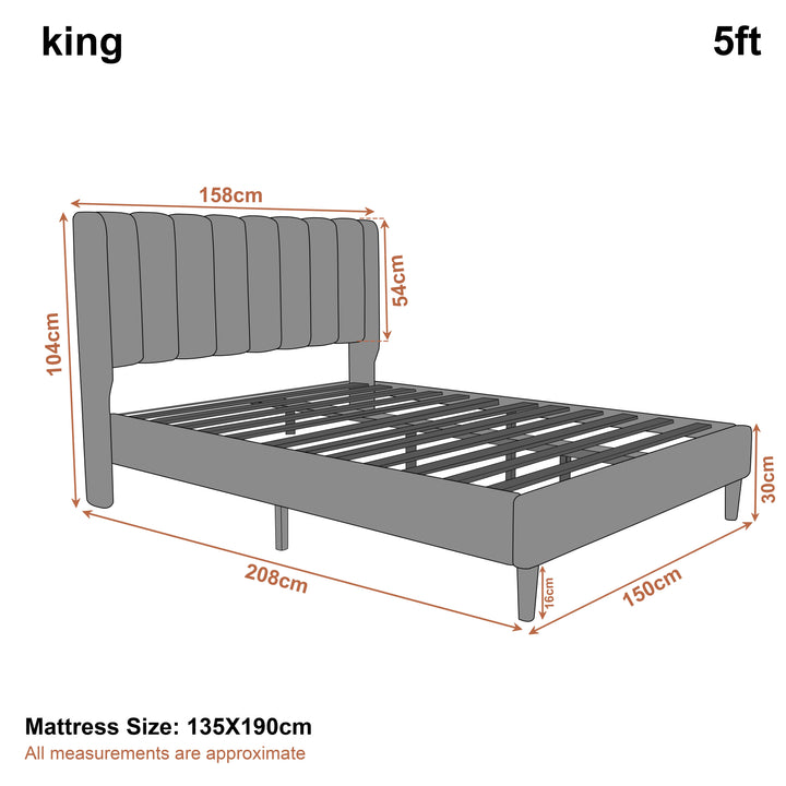 [Light Grey | King] Line drawing of king vertical line velvet bed frame, frame 158 x 208 x 104 cm, mattress 135x 190 cm