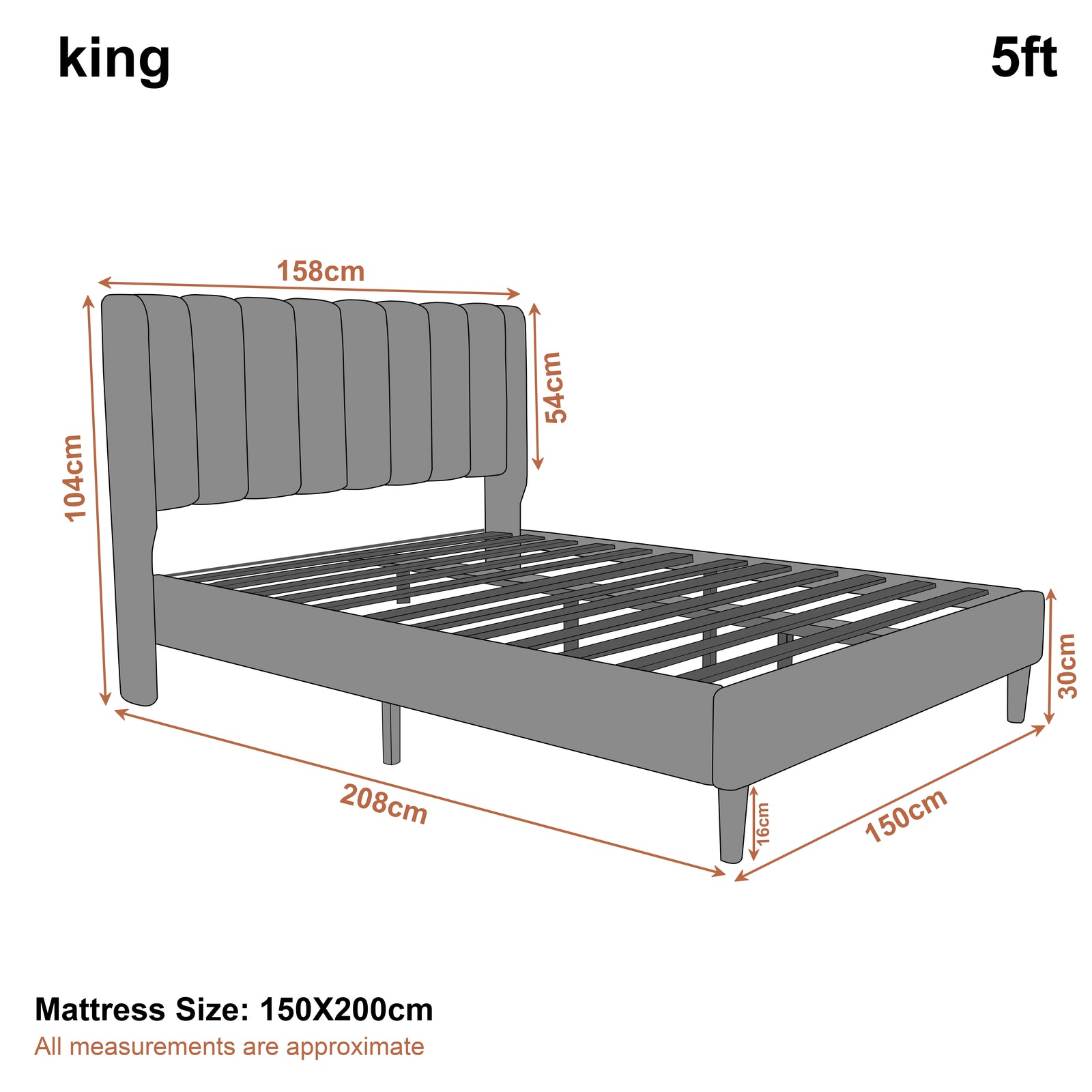 [Light Grey | King] Line drawing of king vertical line velvet bed frame, frame 158 x 208 x 104 cm, mattress 150 x 200 cm