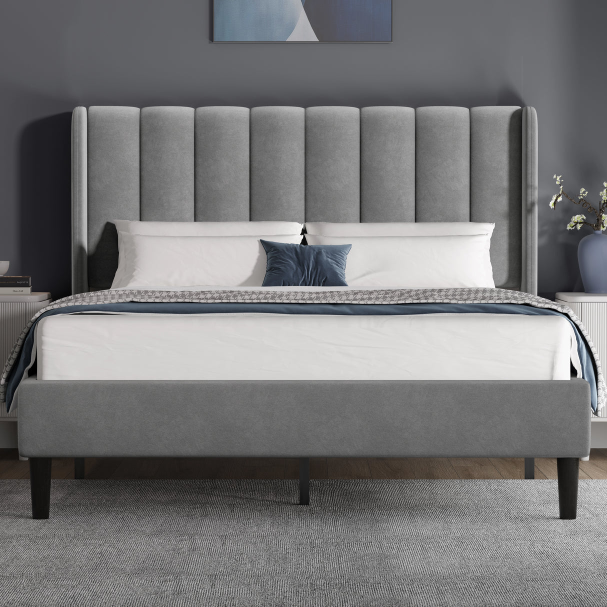 [King | Light Grey] Front view of velvet bed with vertical channel-tufted winged headboard and tapered dark legs