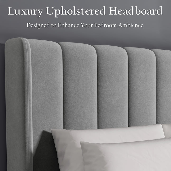 [King | Light Grey] Vertical line headboard close-up with wing detail and soft padded velvet surface