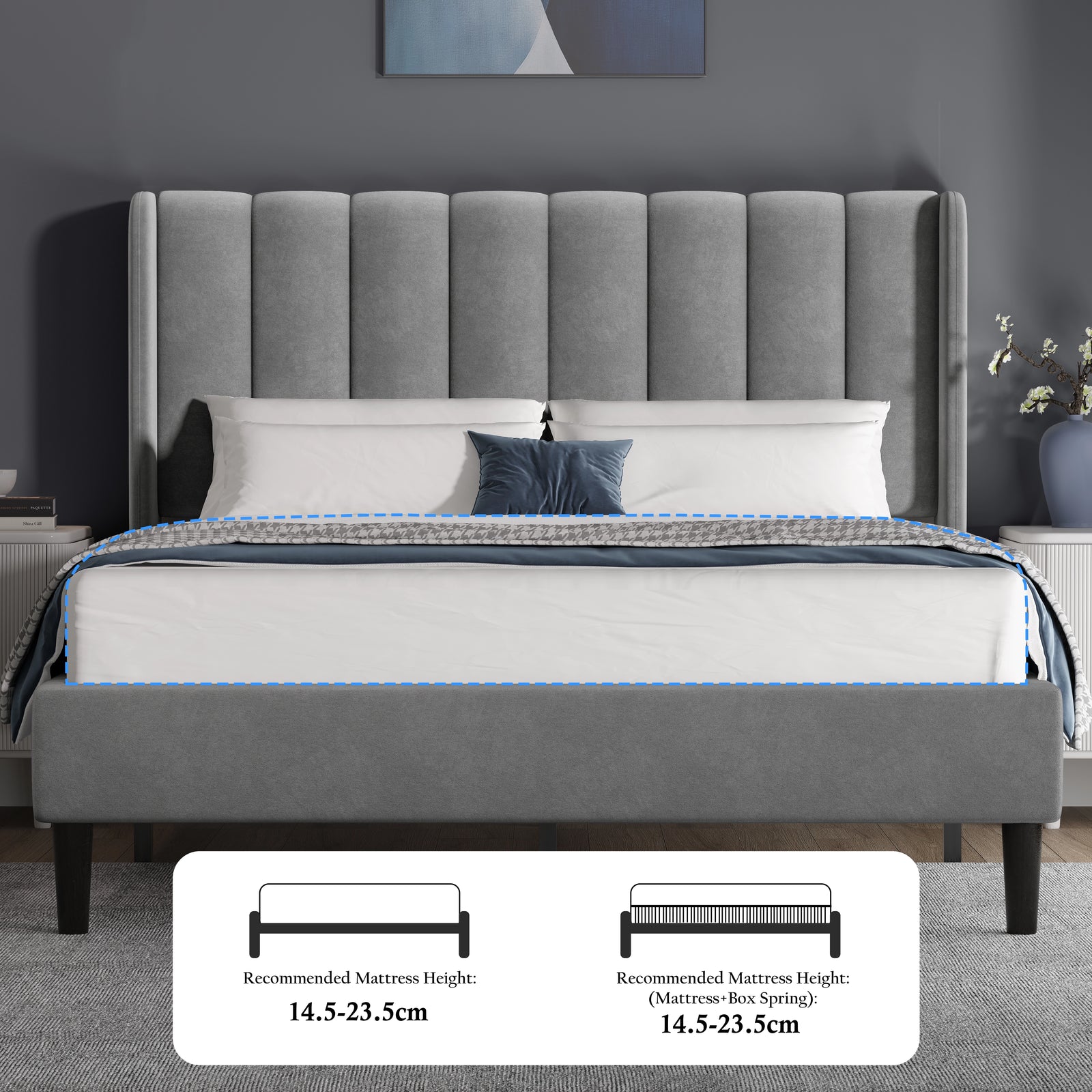 [King | Light Grey] Elevated angle showing full bed proportions with vertical line headboard and low footboard