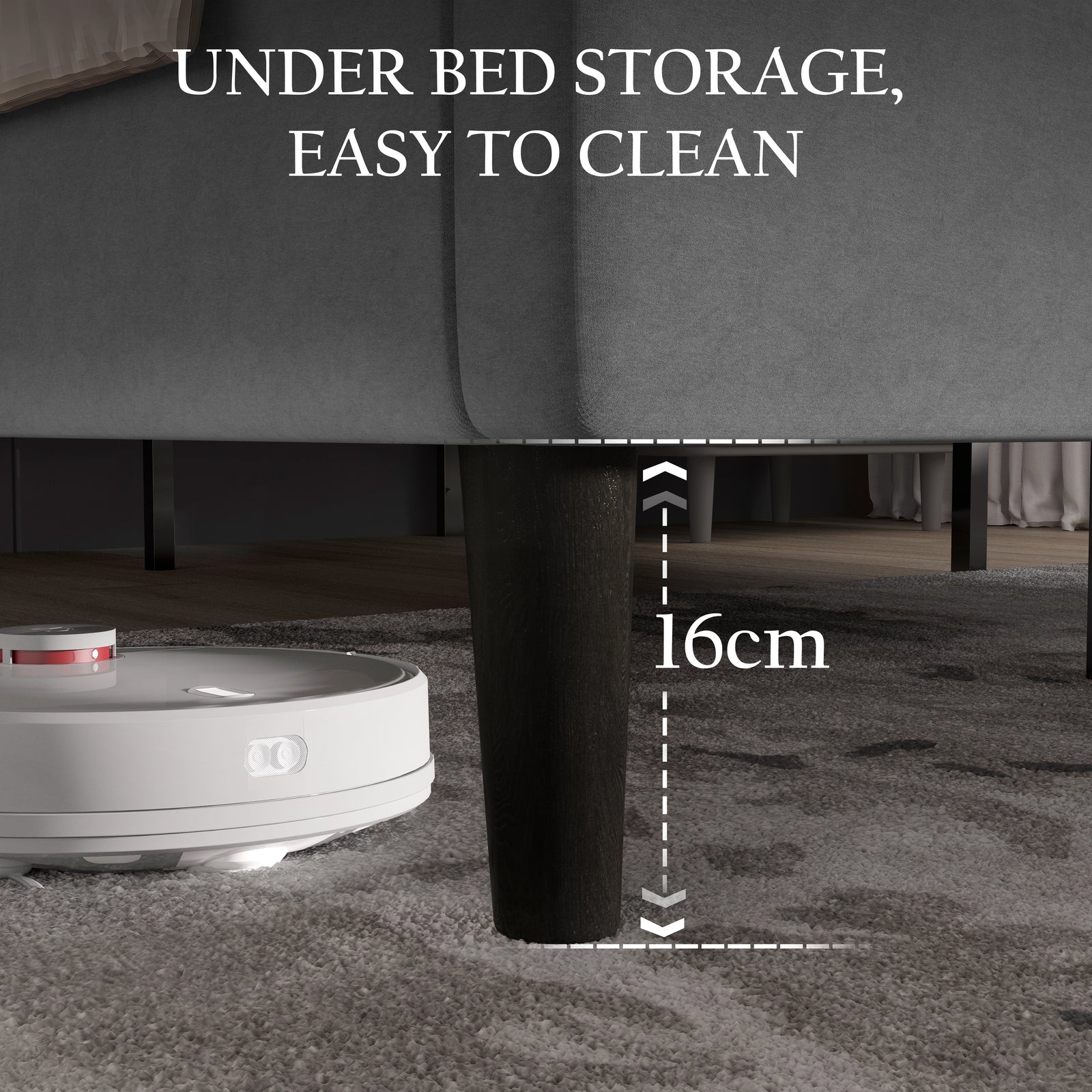 [King | Light Grey] Low-angle showing space underneath velvet bed frame with tapered dark legs for vacuum access
