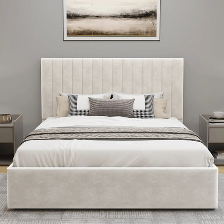 [Beige | Double] Straight-on view of vertical ottoman bed showing full fluted headboard between matching white bedside tables