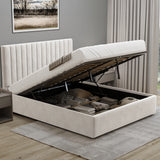 [Beige | Double] Gas-lift base raised on struts showing slatted wooden frame with folded white pillows and beige linens