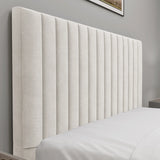 [Beige | Double] Close-up of beige velvet headboard with twelve vertical channel pleats running floor-to-top across the panel