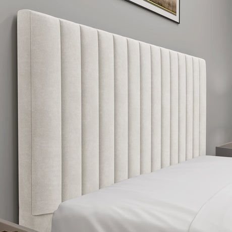 [Beige | Double] Close-up of beige velvet headboard with twelve vertical channel pleats running floor-to-top across the panel