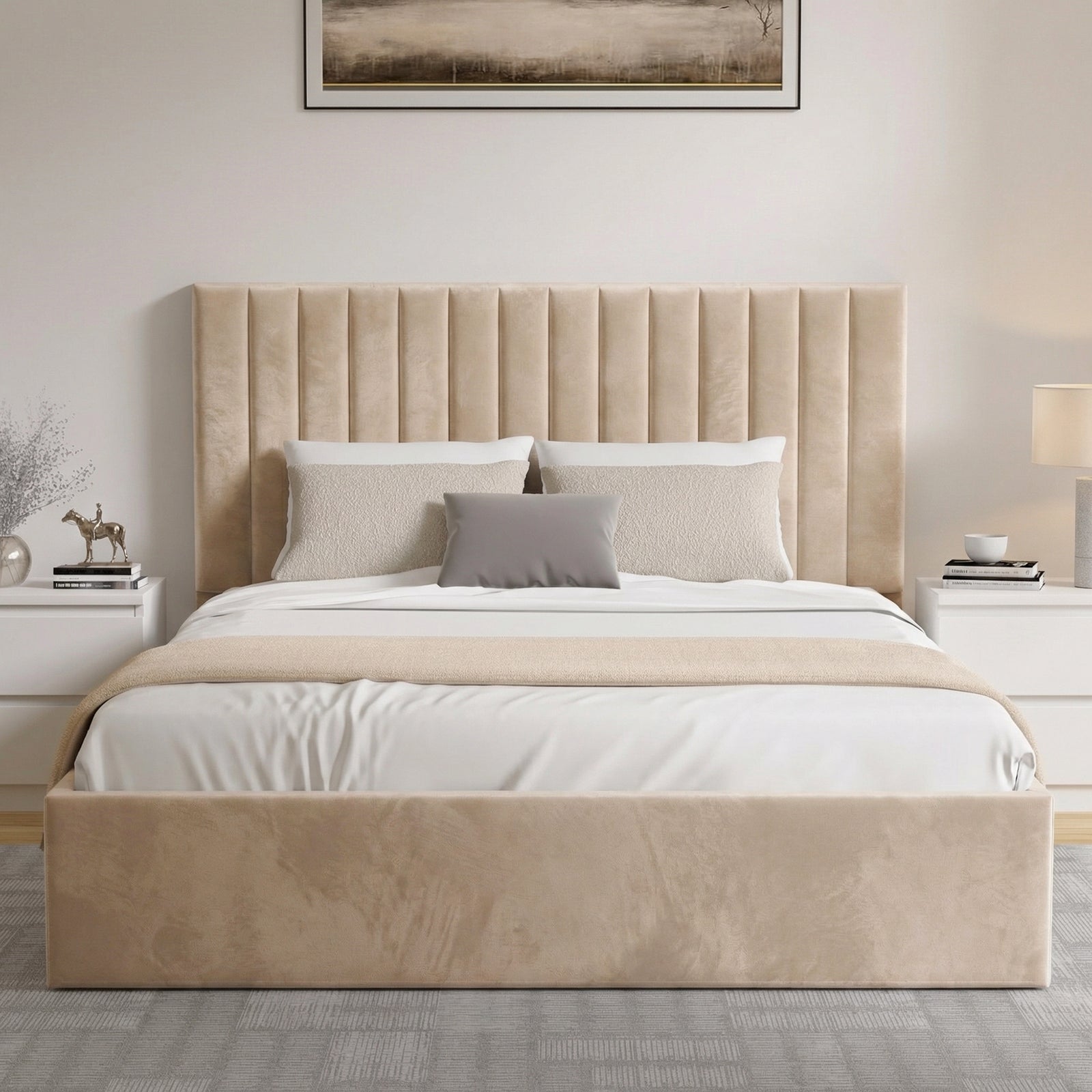 [Beige | King] Lifestyle front view of velvet ottoman bed with throw and cushions against plain wall with landscape art